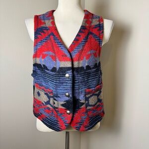 VTG KAREN KANE Petites Wool Blend Southwestern Print Concho Button Vest MEDIUM